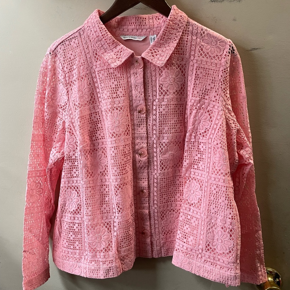 IsaacMizrahiLive long sleeve floral pattern plus size, button down shirt jacket